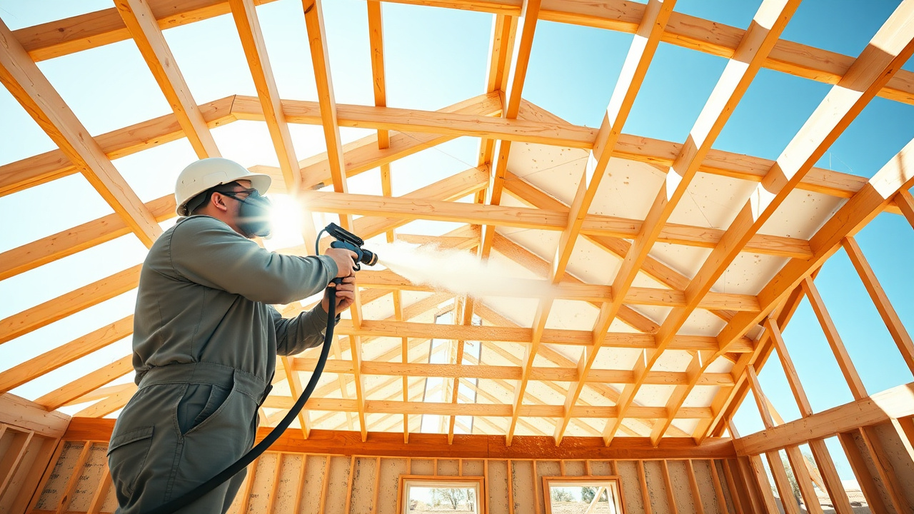 Open wood stud and roof-deck framing on a new-construction home in Queen Creek, Arizona, ready for spray foam insulation